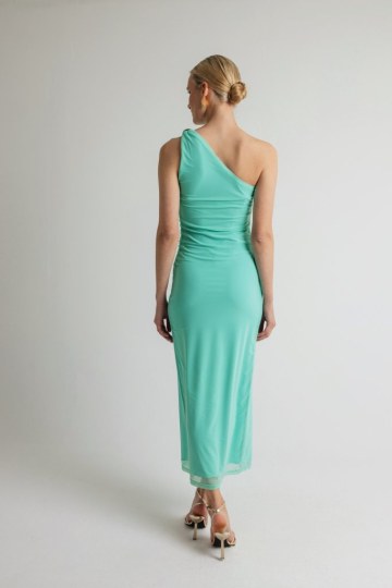 Φόρεμα μονόχρωμο ελαστικό τούλι με έναν ώμο μέντα - 
