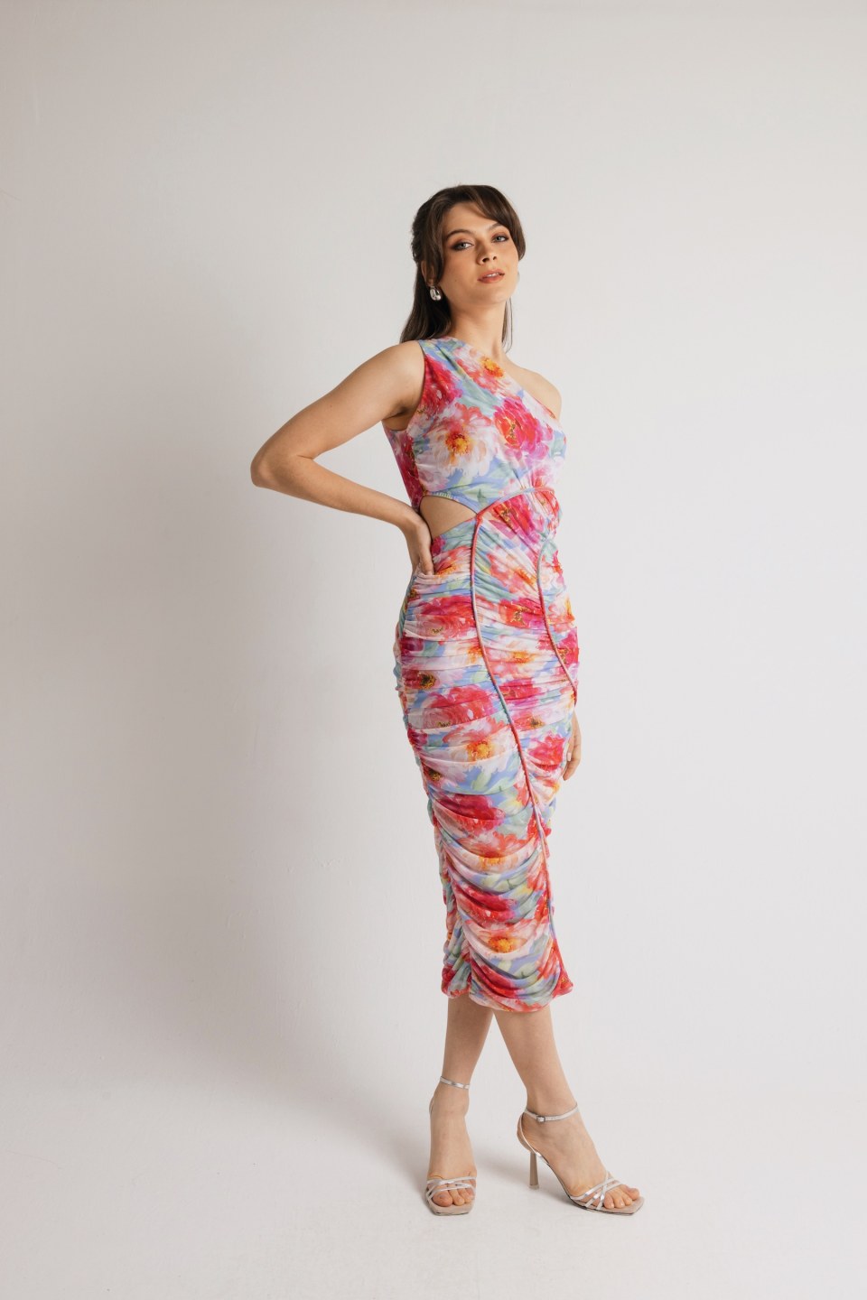 Φόρεμα ελαστικό τούλι με έναν ώμο εμπριμέ γαλάζιο