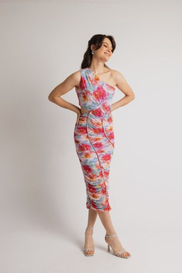 Φόρεμα ελαστικό τούλι με έναν ώμο εμπριμέ γαλάζιο - 