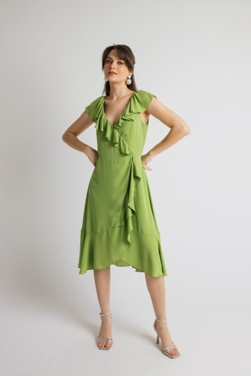 Φόρεμα midi αέρινο με λαιμόκοψη V lime