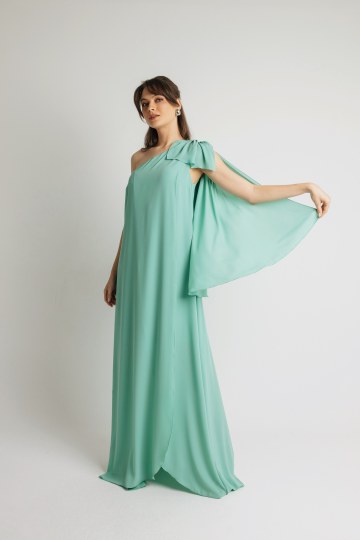 Φόρεμα μονόχρωμο με φουλάρι και στρας στον ώμο μέντα