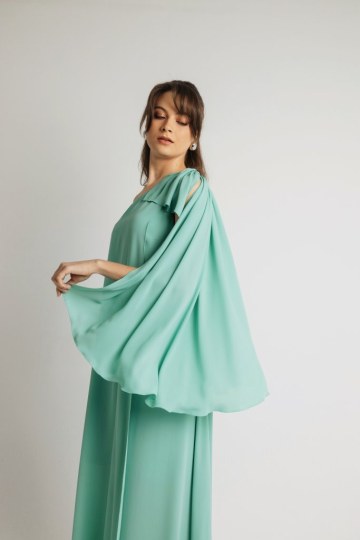 Φόρεμα μονόχρωμο με φουλάρι και στρας στον ώμο μέντα - 