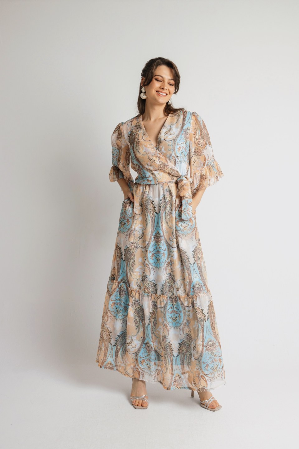 Φόρεμα κρουαζέ εμπριμέ σομόν