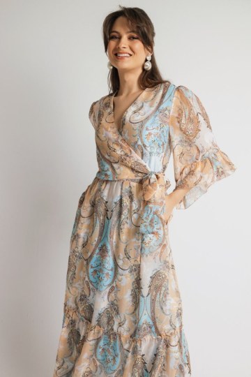 Φόρεμα κρουαζέ εμπριμέ σομόν - 