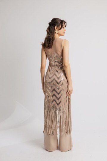 Σετ αμάνικο με ιδιαίτερες λεπτομέρειες και κρόσσια μπεζ - 