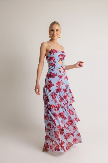 Φόρεμα με cut out στη κοιλιά και φραμπαλά εμπριμέ λιλά