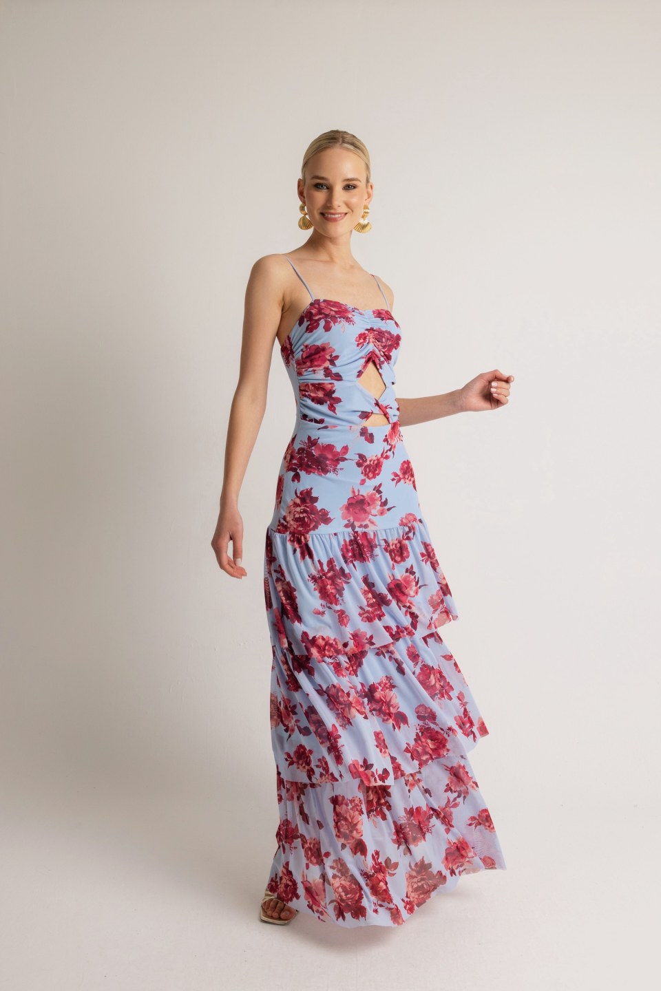 Φόρεμα με cut out στη κοιλιά και φραμπαλά εμπριμέ λιλά