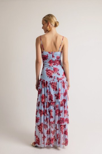 Φόρεμα με cut out στη κοιλιά και φραμπαλά εμπριμέ λιλά - 