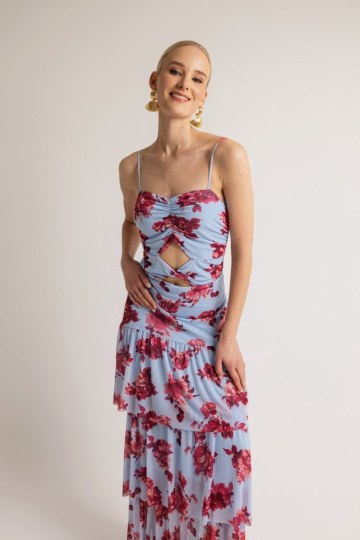 Φόρεμα με cut out στη κοιλιά και φραμπαλά εμπριμέ λιλά - 