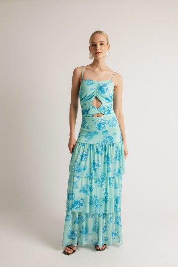 Φόρεμα με cut out στη κοιλιά και φραμπαλά εμπριμέ μέντα