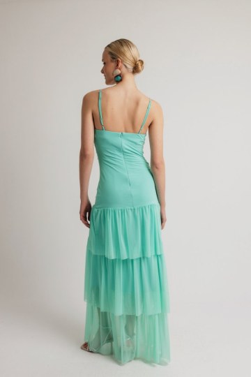 Φόρεμα μονόχρωμο με cut out στη κοιλιά και φραμπαλά μέντα - 