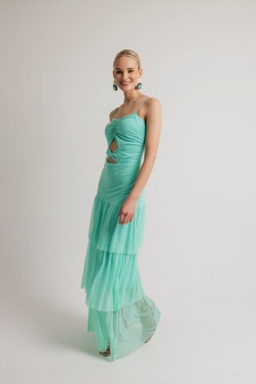 Φόρεμα μονόχρωμο με cut out στη κοιλιά και φραμπαλά μέντα - 