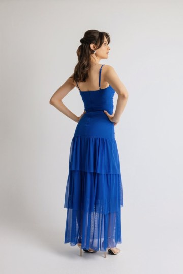 Φόρεμα μονόχρωμο με cut out στη κοιλιά και φραμπαλά μπλε - 