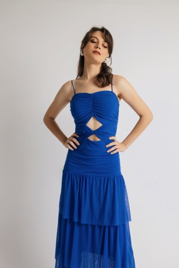 Φόρεμα μονόχρωμο με cut out στη κοιλιά και φραμπαλά μπλε - 