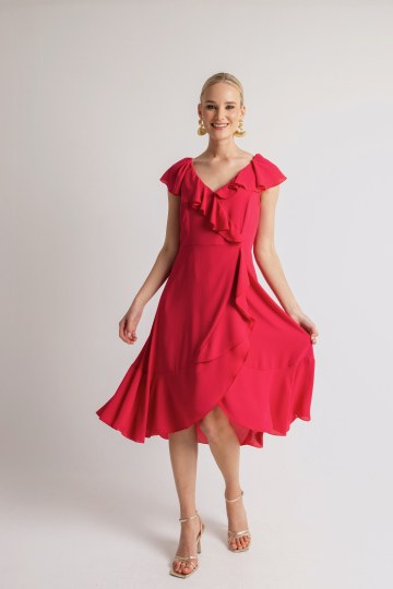 Φόρεμα midi αέρινο με λαιμόκοψη V φούξια