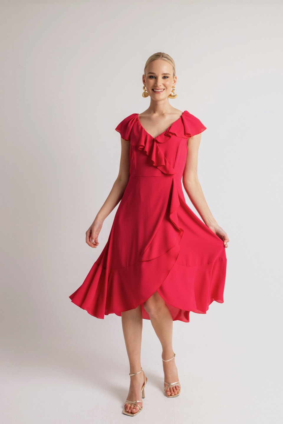 Φόρεμα midi αέρινο με λαιμόκοψη V φούξια