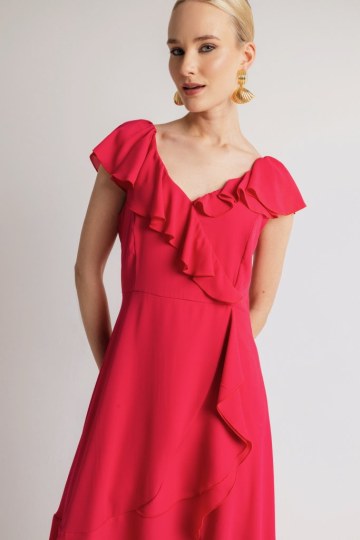 Φόρεμα midi αέρινο με λαιμόκοψη V φούξια - 