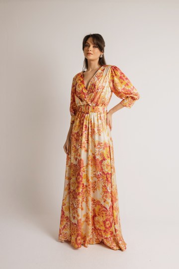 Φόρεμα κρουαζέ με μανίκι και ζώνη εμπριμέ ροδακινί