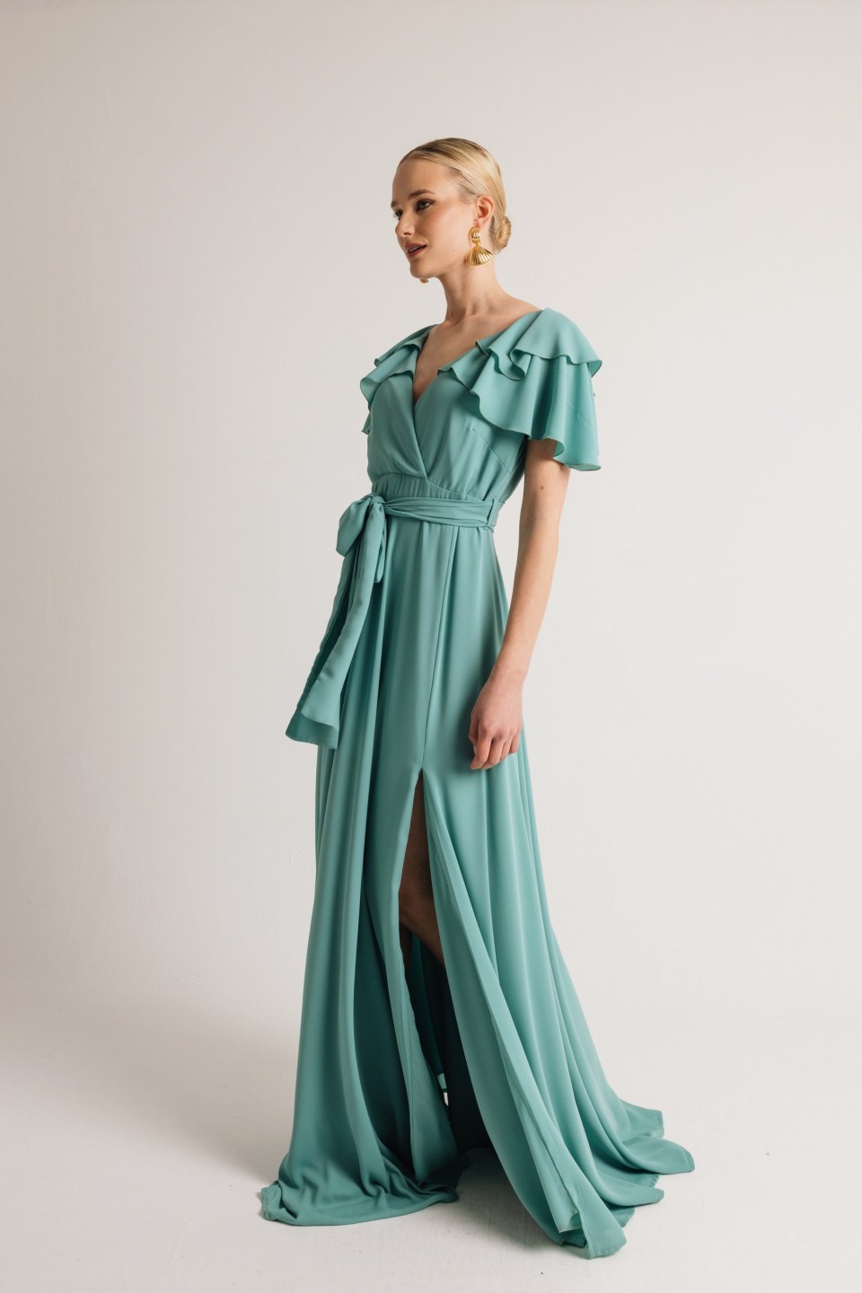 Φόρεμα μονόχρωμο κρουαζέ με φραμπαλά στους ώμους πετρόλ