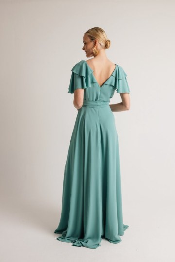 Φόρεμα μονόχρωμο κρουαζέ με φραμπαλά στους ώμους πετρόλ - 