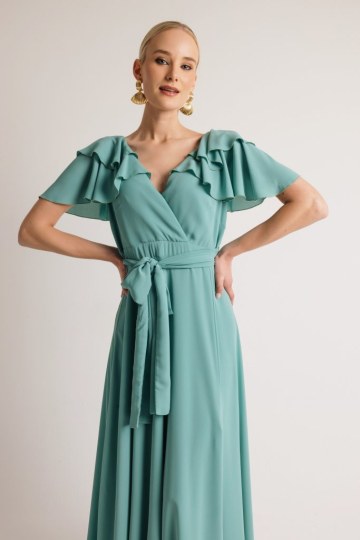 Φόρεμα μονόχρωμο κρουαζέ με φραμπαλά στους ώμους πετρόλ - 