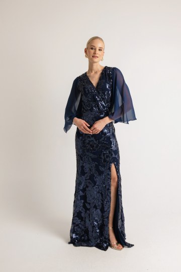 Φόρεμα maxi με floral παγιέτα σκούρο μπλε