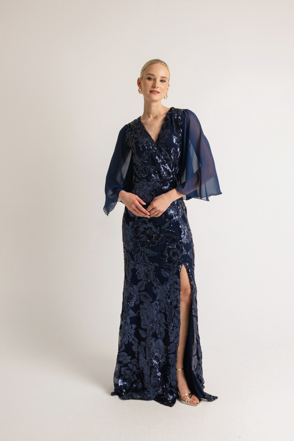 Φόρεμα maxi με floral παγιέτα σκούρο μπλε