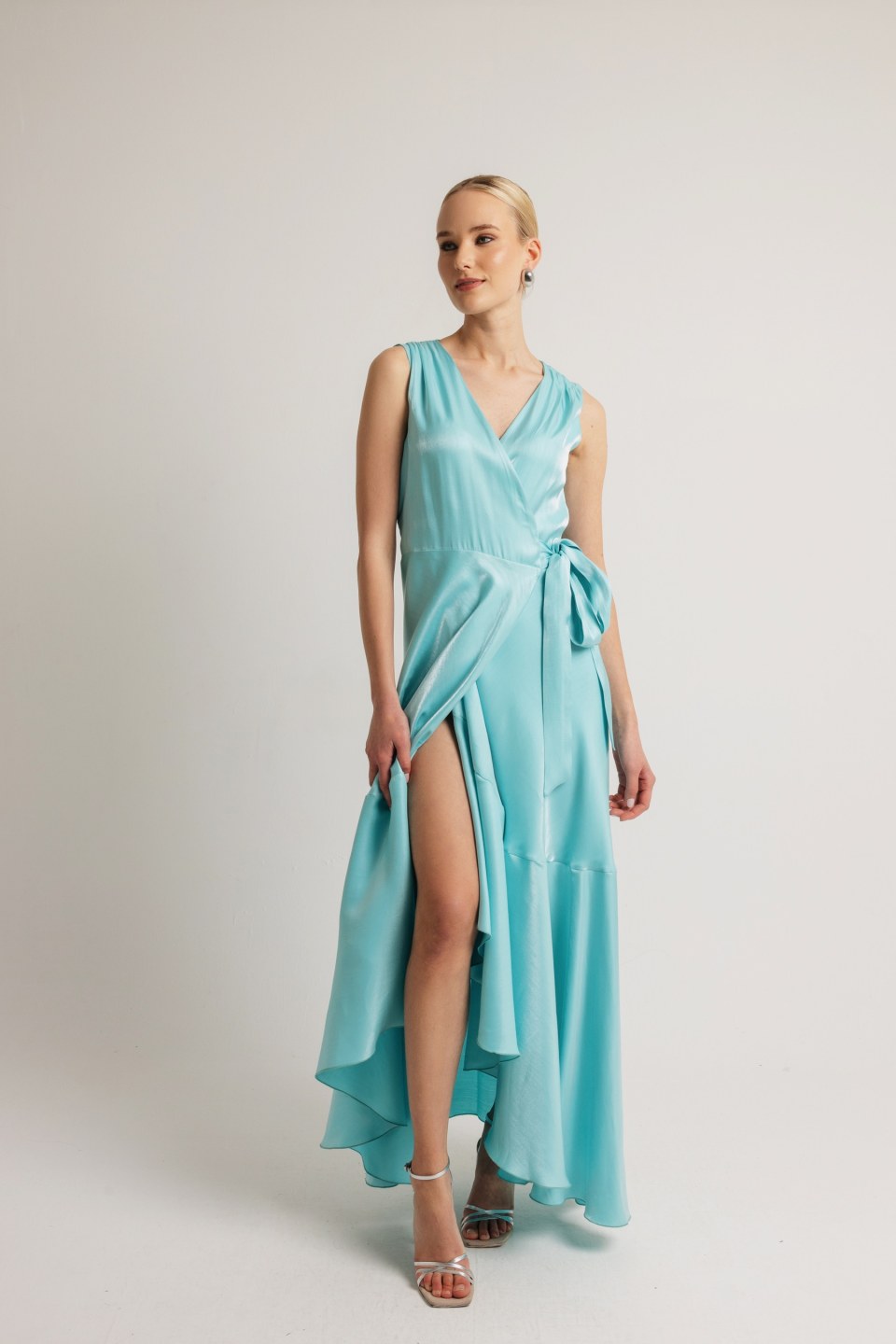 Φόρεμα αμάνικο κρουαζέ μονόχρωμο τυρκουάζ