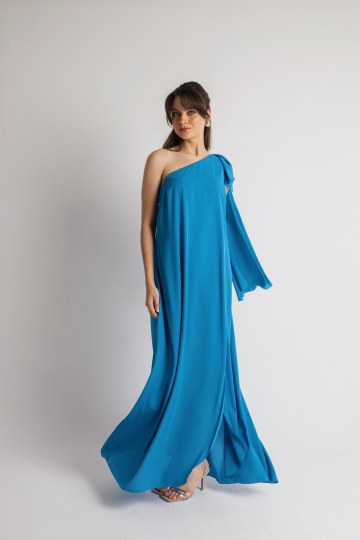 Φόρεμα μονόχρωμο με φουλάρι και στρας στον ώμο μπλε