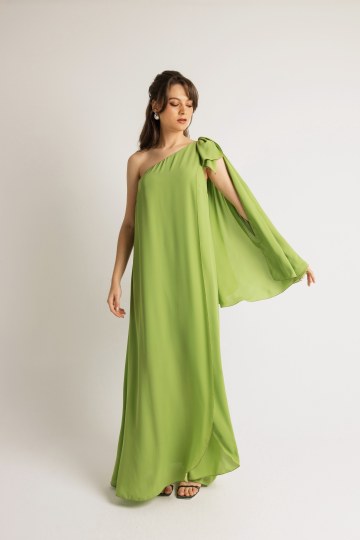 Φόρεμα μονόχρωμο με φουλάρι και στρας στον ώμο λαχανί