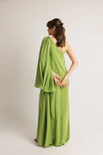 Φόρεμα μονόχρωμο με φουλάρι και στρας στον ώμο λαχανί - 