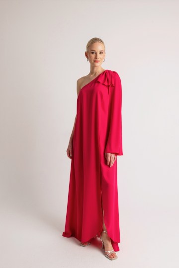 Φόρεμα μονόχρωμο με φουλάρι και στρας στον ώμο φούξια