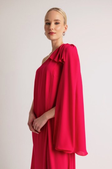 Φόρεμα μονόχρωμο με φουλάρι και στρας στον ώμο φούξια - 