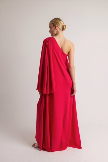 Φόρεμα μονόχρωμο με φουλάρι και στρας στον ώμο φούξια - 