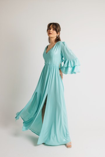 Φόρεμα μονόχρωμο με λαιμόκοψη V και φραμπαλά στα μανίκια τυρκουάζ