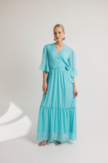 Φόρεμα maxi κρουαζέ μονόχρωμο γαλάζιο