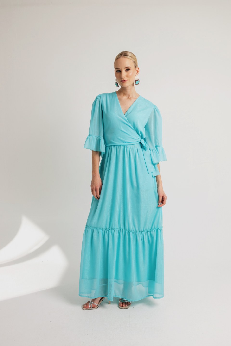 Φόρεμα maxi κρουαζέ μονόχρωμο γαλάζιο