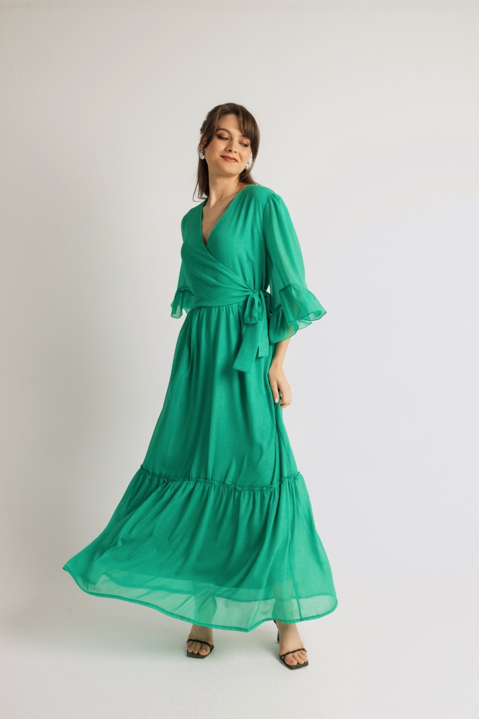 Φόρεμα maxi κρουαζέ μονόχρωμο πράσινο
