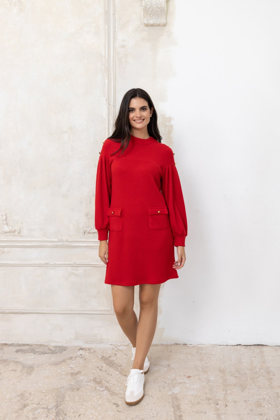  Φόρεμα πλεκτό με τσεπάκια και κουμπιά κόκκινο