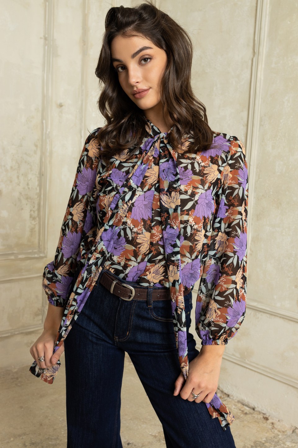 Πουκαμίσα με γεωμετρικά σχέδια μωβ