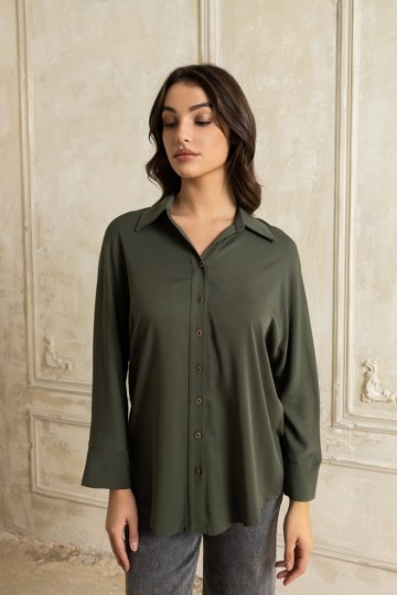 Πουκάμισο αέρινο με γιακά λαδί - 