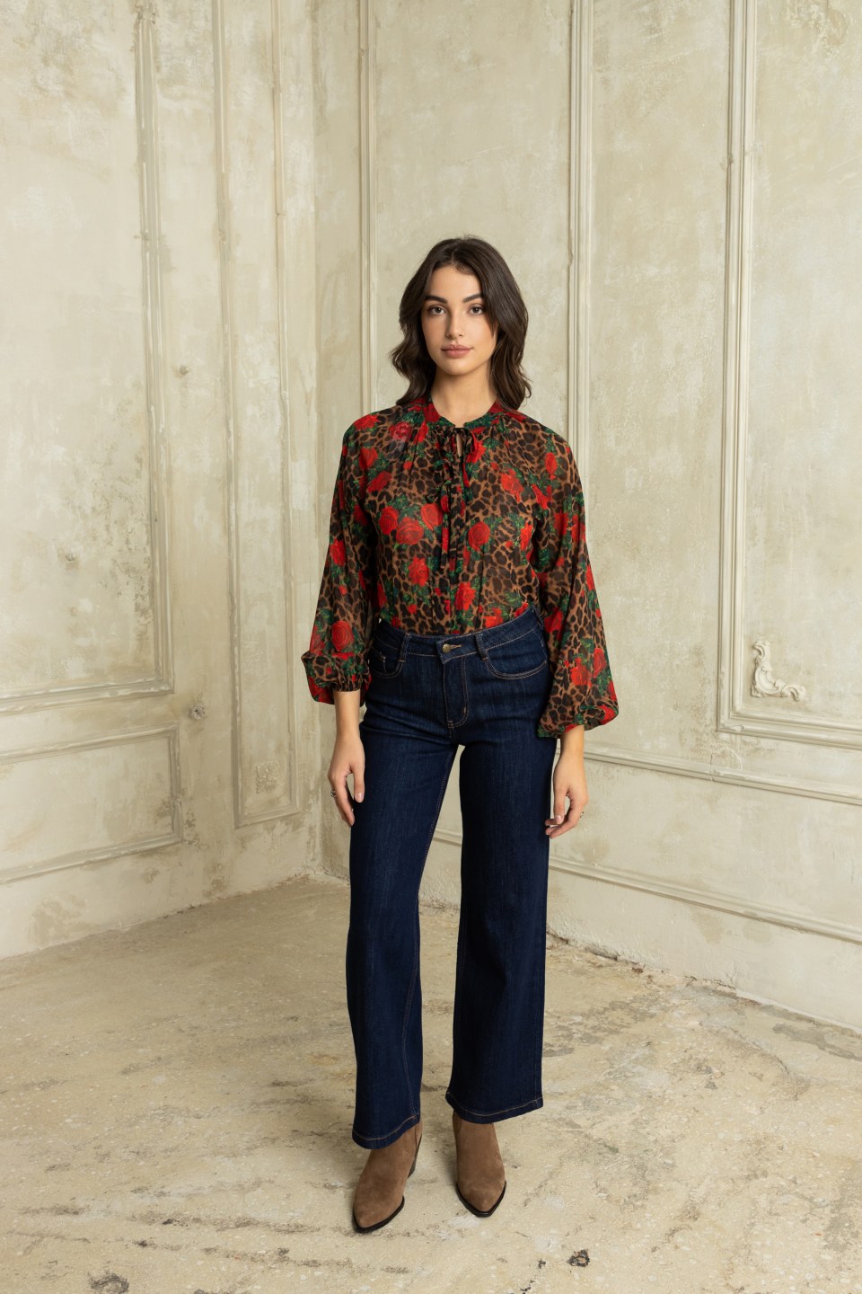 Πουκαμίσα λεοπάρ με κόκκινα τριαντάφυλλα