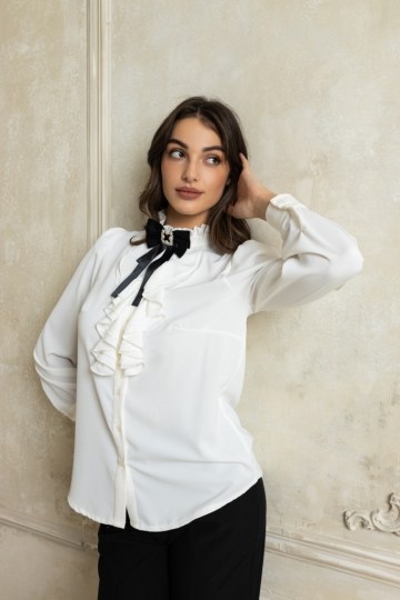 Πουκαμίσα με βολάν στο λαιμό λευκή - 