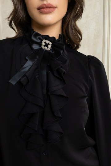 Πουκαμίσα με βολάν στο λαιμό μαύρη - 