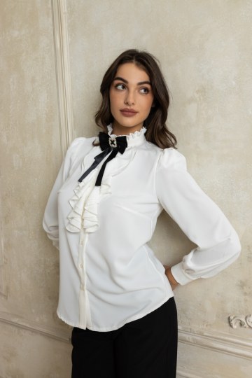 Πουκαμίσα με βολάν στο λαιμό λευκή - 
