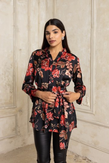 Πουκαμίσα με ζώνη στη μέση εμπριμέ κόκκινη