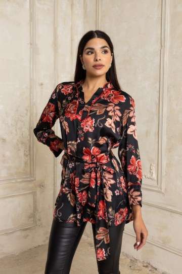 Πουκαμίσα με ζώνη στη μέση εμπριμέ κόκκινη - 