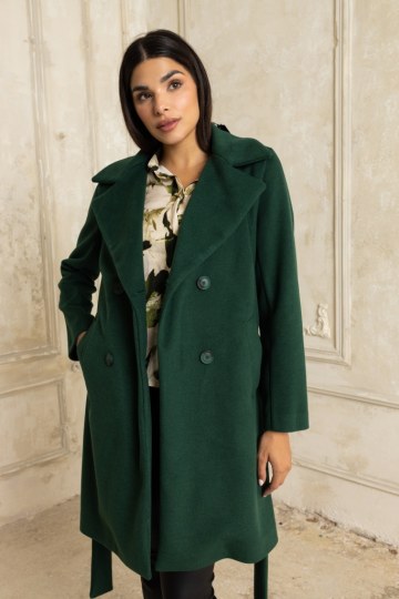  Κλασικό παλτό με γιακά και ζώνη κυπαρισσί - 