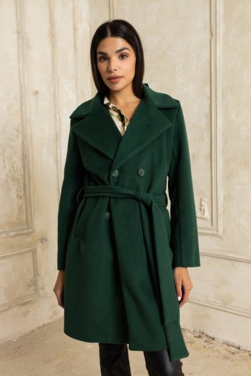  Κλασικό παλτό με γιακά και ζώνη κυπαρισσί - 