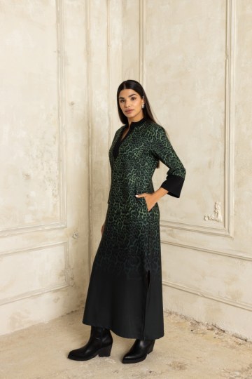 Φόρεμα  τύπου καφτάνι με μάο γιακά λεοπάρ πράσινο - 